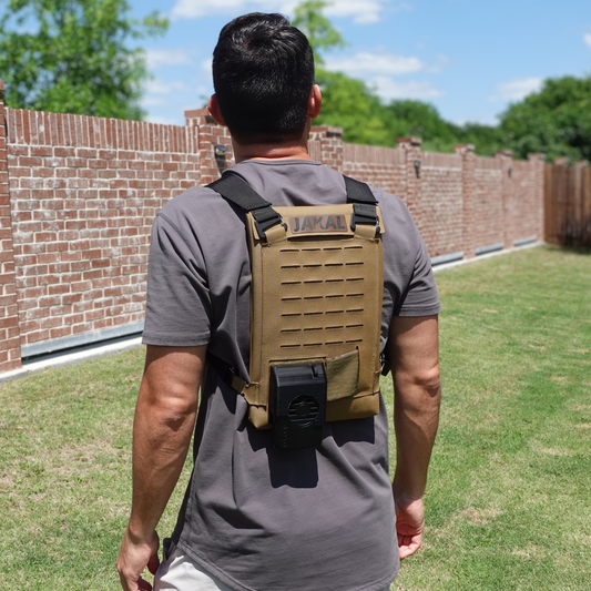 Person wearing a cooling backpack on a hot summer day.