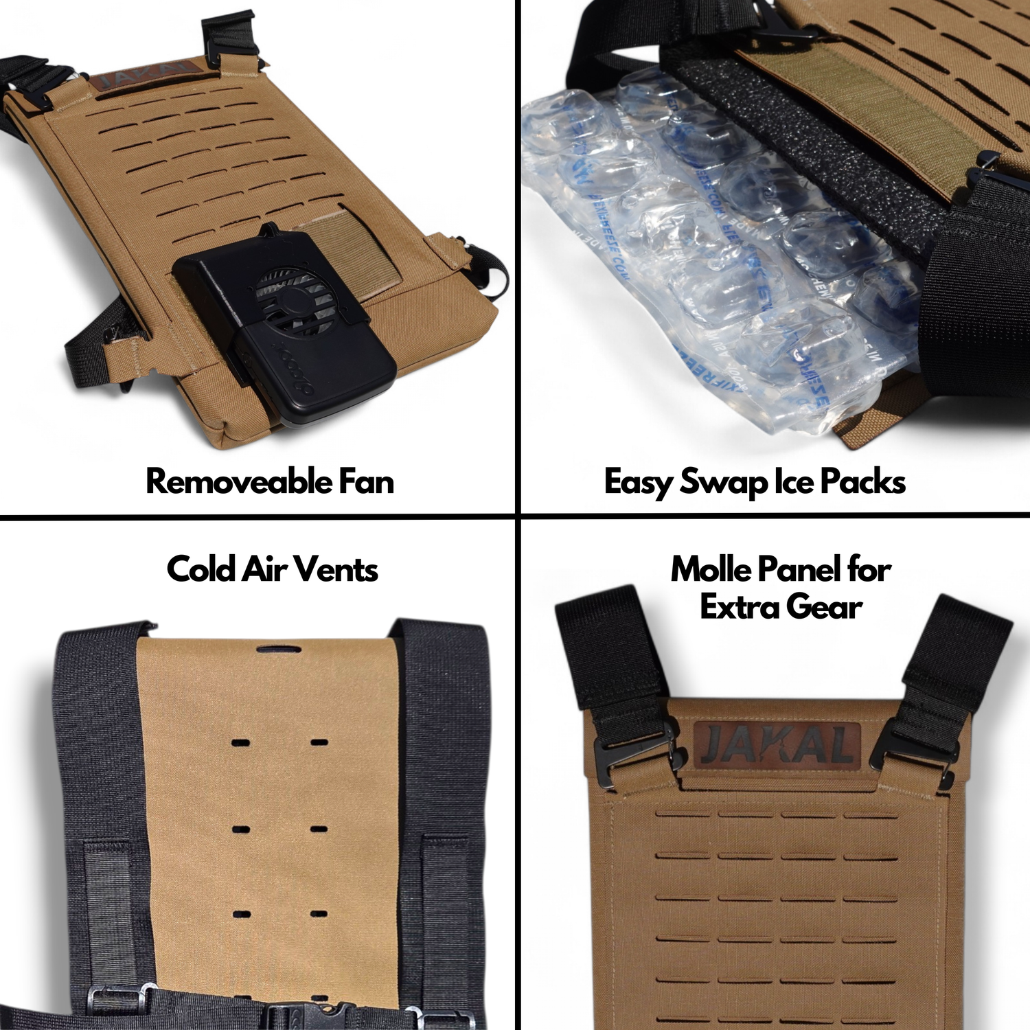 product breakdown of a cooling backpack that blows cold air onto the user. It is especially useful for cooling people in hot summer months. 