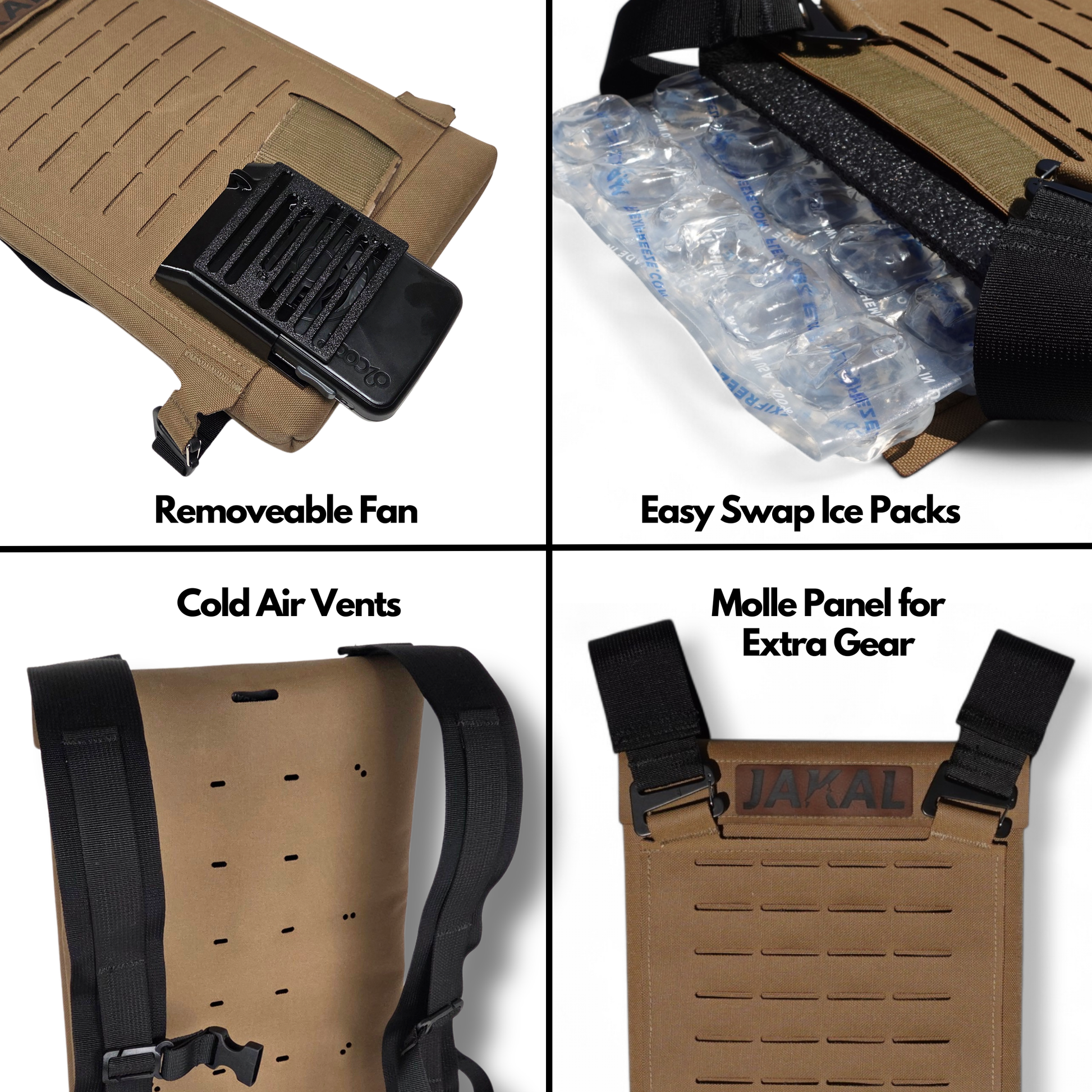 Cooling backpack details showing removeable ice packs, an integrated fan and removeable straps. 
