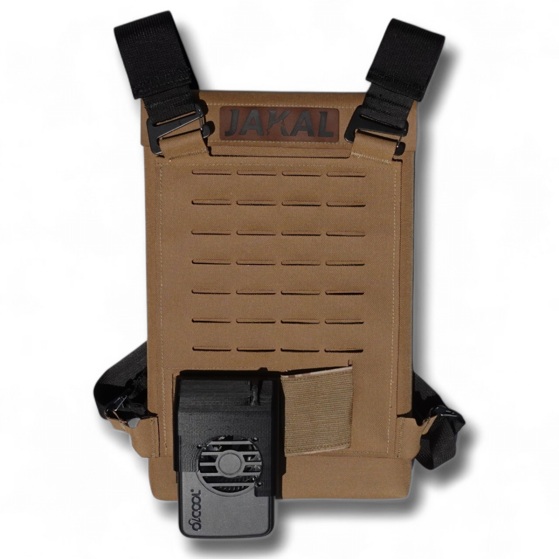 Cooling Back with a blower fan mounted to blow cold air on the user. The Molle panel allows for mounting of pouches. 