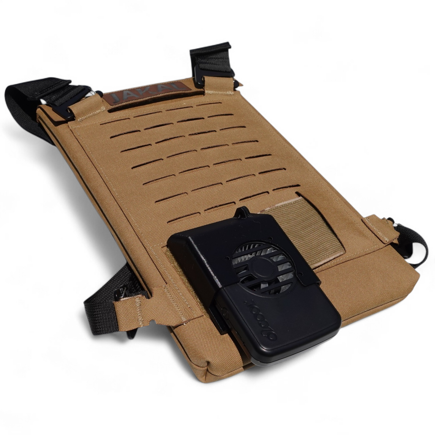 Cooling Backpack that blows cold air through the vest an onto the user during hot weather. 