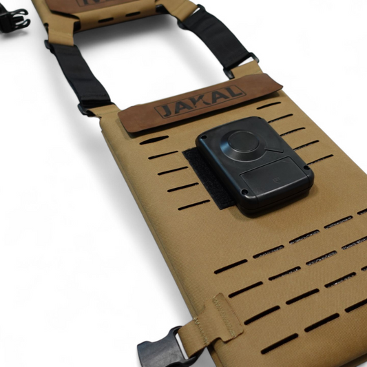 A Cooling vest with a black fan that blows cold air on the wearer in hot weather. 