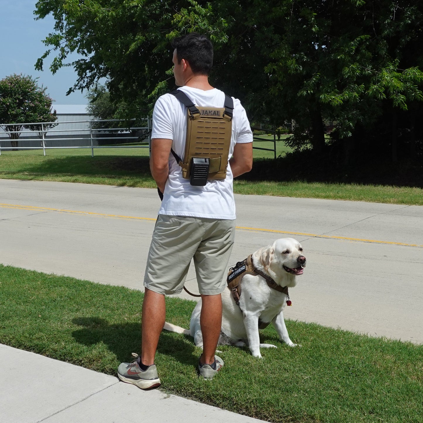 Man with a Jakal Cooling Backpack walking a dog in the summer heat. 